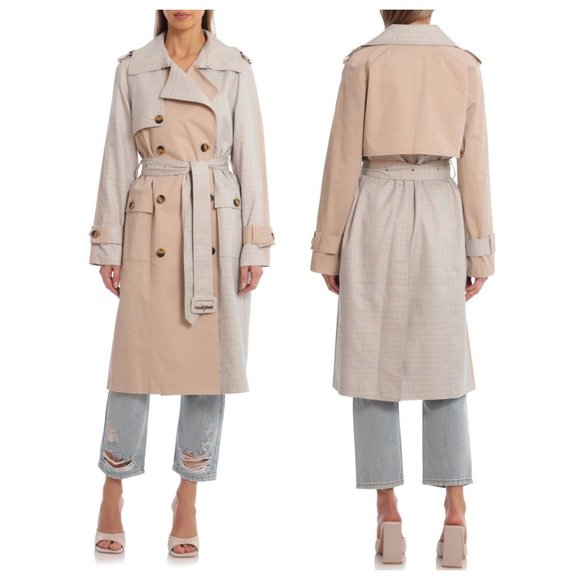 AVEC LES FILLES Mixed Media Plaid Cotton Trench Coat - Picture 1 of 3